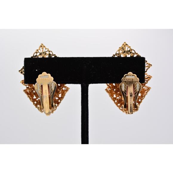 Sarah Cov Vintage Clip Earrings Gold Tone Filigree Metal Chunky Silgned BinAK - Picture 10 of 12